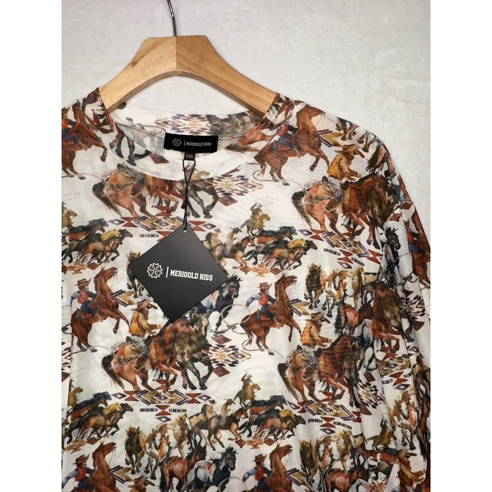 Merigold Kiss Womens 3XL Western Horse Print Mesh Long Sleeve Top NWT Cowboy